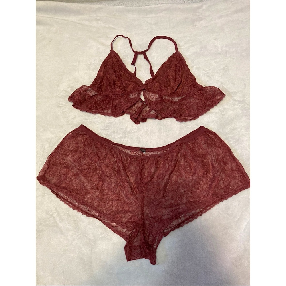 Adore Me Sheer Lace Bralette and Short Set Burgundy (Medium) *worn once!